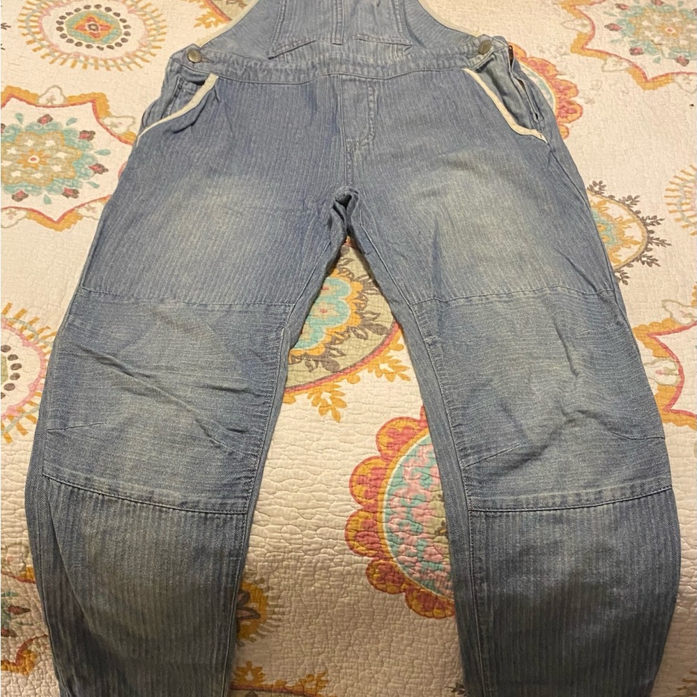 Free People Railroad Striped Light Denim Overalls 26 White Piping Side Zip